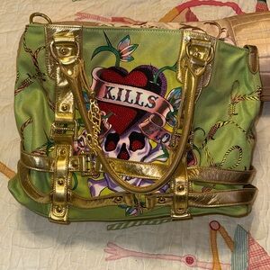 Ed HardyGreen and Gold Graphic Satchel Bag